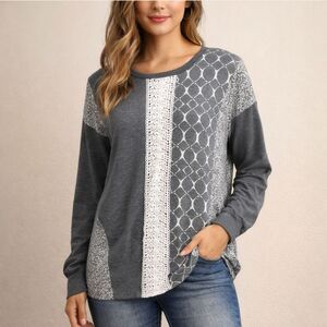 7th Ray Boho Patchwork Lace Panel Long Sleeve Top Gray Boutique Shirt M